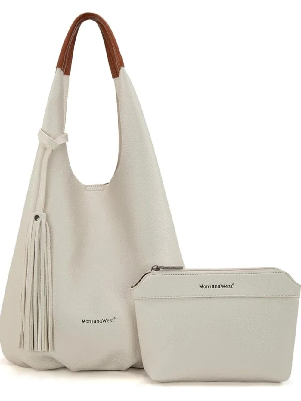 Montana West Cream Hobo Bag with Brown Accent Handle and Pouch